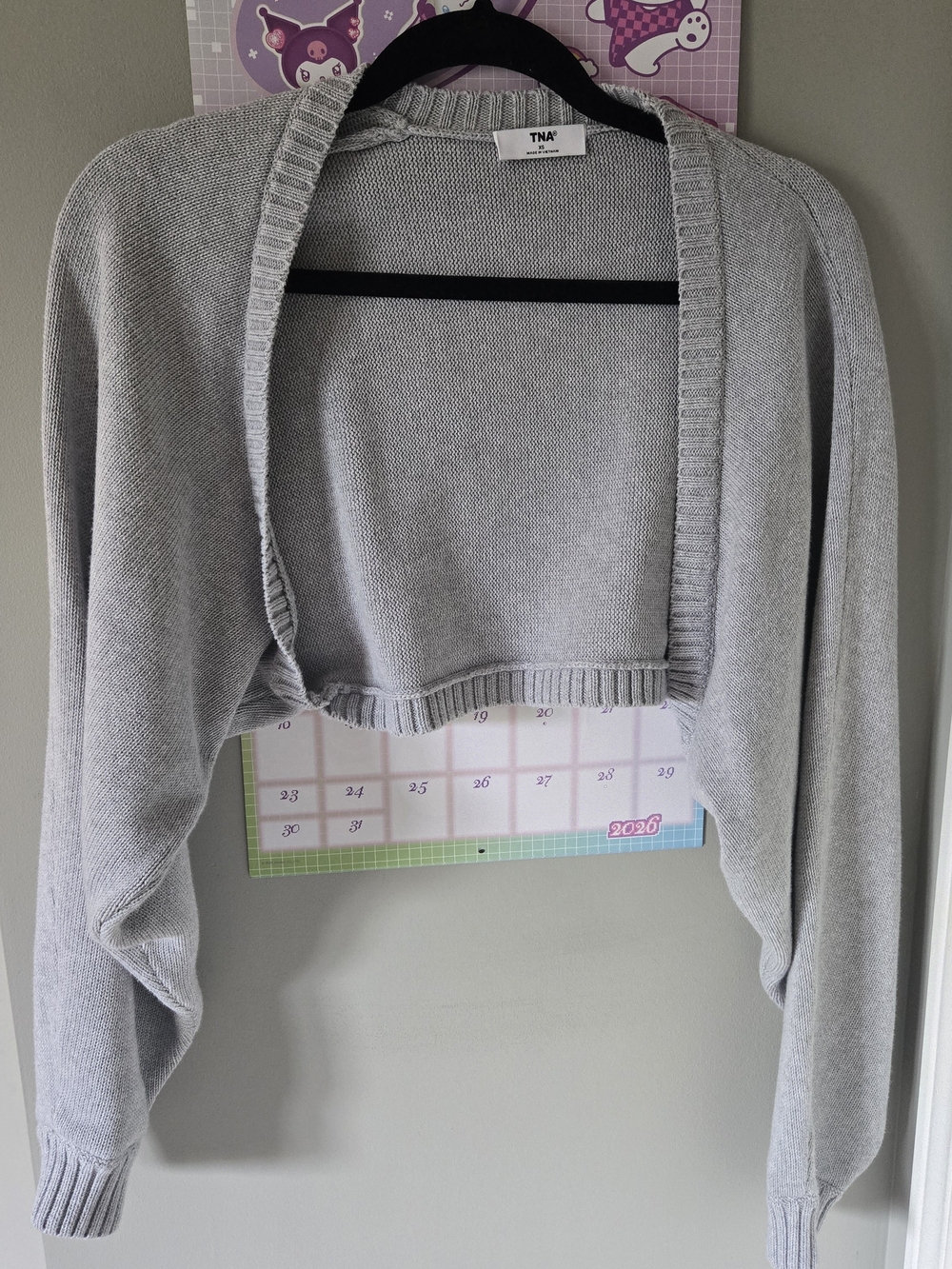 Aritzia TNA Gramercy Light Gray Cropped Shrug Relaxed Open-Front Cardigan